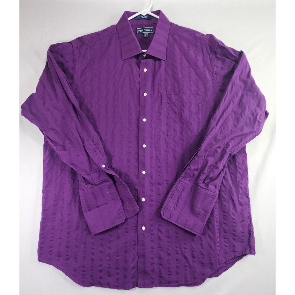 Paul Fredrick Dress Shirt 17.5 35 Purple Tone-on-Tone Stripe Classic Fit Cotton